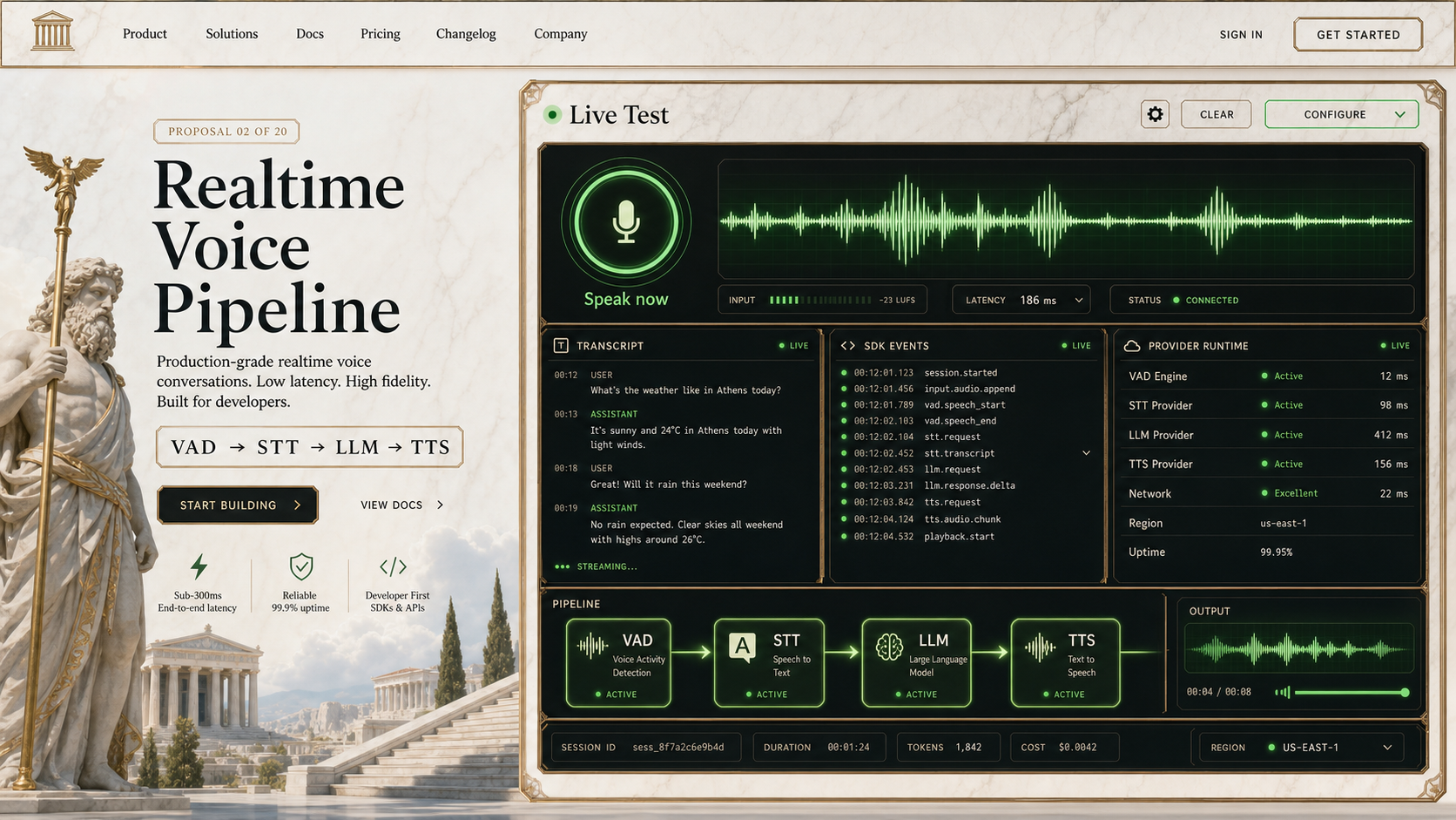 02 · Greek gods live test AI-generated Realtime Voice Pipeline homepage mockup with Greek gods theme and visible live test hero