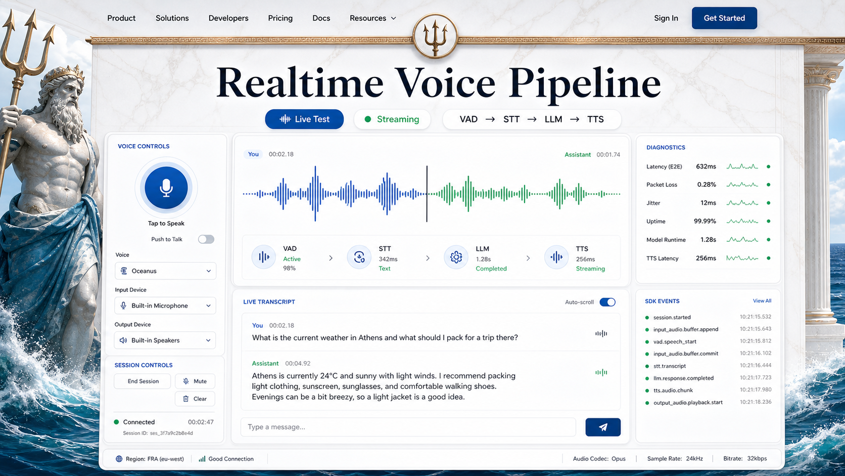 06 · Greek gods live test AI-generated Realtime Voice Pipeline homepage mockup with Greek gods theme and visible live test hero
