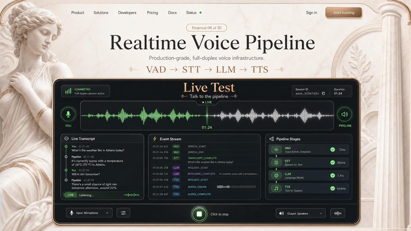 08 · Greek gods live test AI-generated Realtime Voice Pipeline homepage mockup with Greek gods theme and visible live test hero
